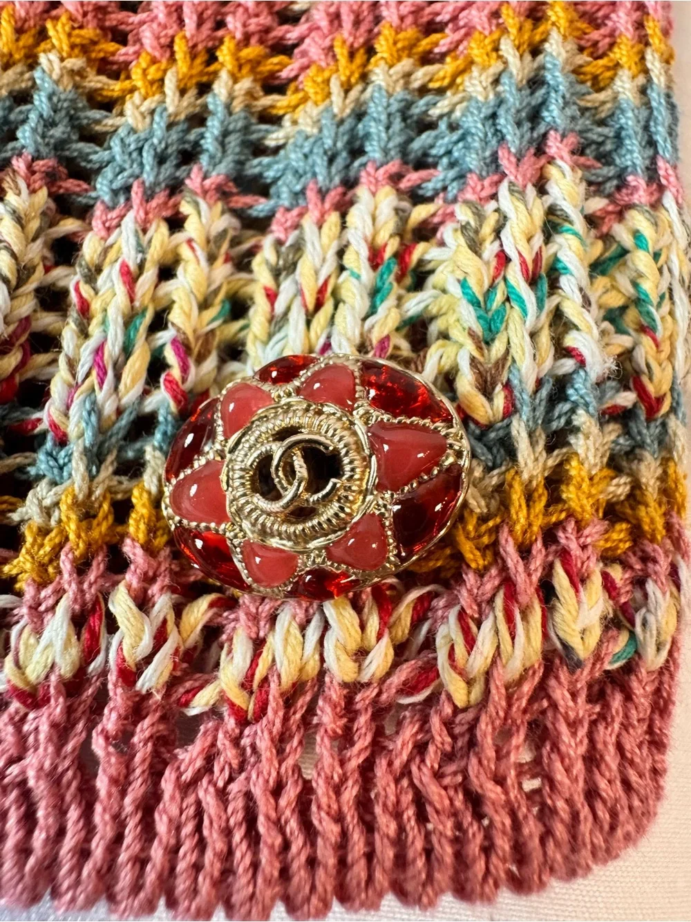 Chanel 2017 Cuba Cruise Multicolor Cotton Knit Off-Shoulder Top CC Buttons FR 38